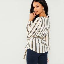 Load image into Gallery viewer, White Office Lady Elegant Striped Print Scoop Neck Long Sleeve Blouse Workwear Women Tops And Blouses