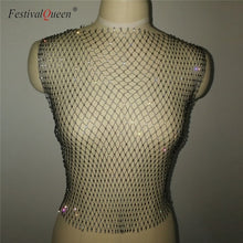 Load image into Gallery viewer, Sexy Diamonds Mesh Cropped Tank Top Women Summer Cover Up Bikini See Through Rhinestone Net Party Club Crop To