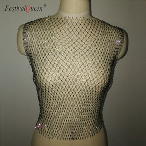 Sexy Diamonds Mesh Cropped Tank Top Women Summer Cover Up Bikini See Through Rhinestone Net Party Club Crop To