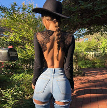 Load image into Gallery viewer, Sexy Backless Lace Patchwork Bodysuit Black O Neck Long Sleeve Slim Women Bodysuits Skinny Party Bodysuit