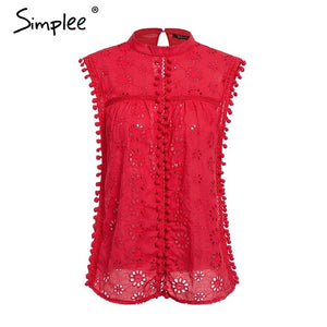 Elegant tank top women blouse Cotton embroidery red shirts feminina sexy top Stand neck tassel pompon ladies tops female