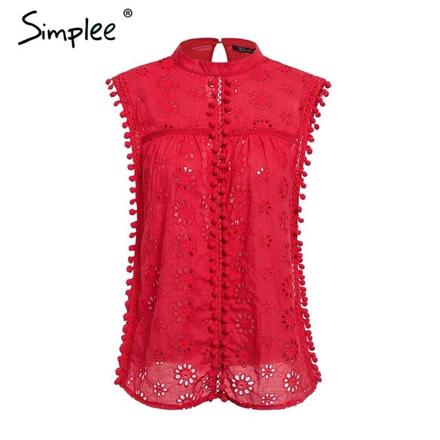 Elegant tank top women blouse Cotton embroidery red shirts feminina sexy top Stand neck tassel pompon ladies tops female