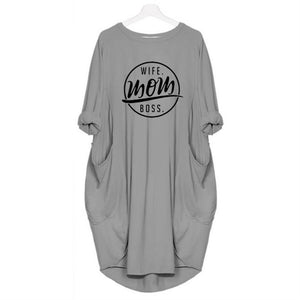 2019 Fashion T-Shirt for Women Pocket WIFE MOM BOSS Letters Print Tshirt Plus Size Tops Graphic Tees Women Off The Shoulder