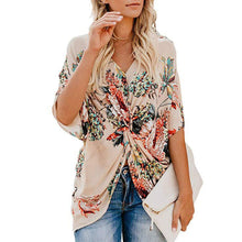 Load image into Gallery viewer, Fashion Concise Bohemia Style Women&#39;s Floral Printed V Neck Ruched Twist Tops Short Sleeve Loose Casual Vacation Shirts