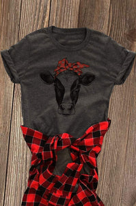 Women T Shirt Cow Bandana Print O Neck Gray t shirt Short Sleeve T Shirt