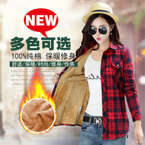 Women Winter Keep Warm Cotton Plaid Blouse Fashion Long Sleeve Turn-down Collar Pocket Velvet Shirt Tops Blusas Feminina