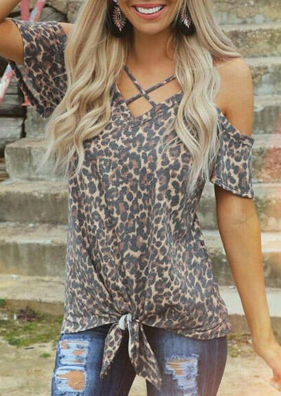 Women T-Shirt Female Leopard Printed Cold Shoulder Tees Women Tops For Summer V-Neck Tops Tee