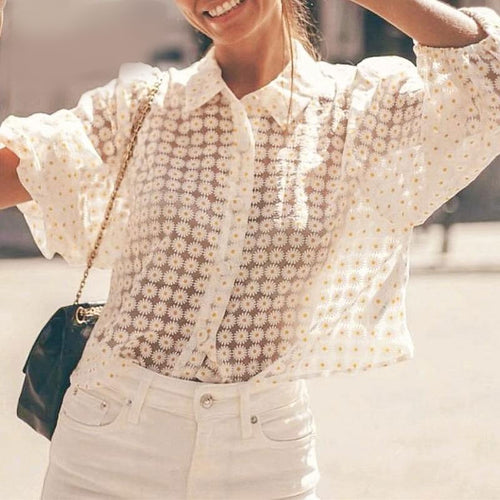 Sweet flower women blouse shirt Summer elegant beige crop tops Buttons see through holiday beach female blouses