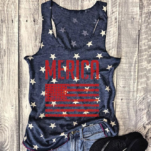 Women Plus Size Tank Tops American Flag Tanks Cropped 2018 Navy Blue Color O Neck Sleeveless Print Oversize Fashion Crop Tee