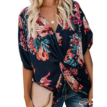 Load image into Gallery viewer, Fashion Concise Bohemia Style Women&#39;s Floral Printed V Neck Ruched Twist Tops Short Sleeve Loose Casual Vacation Shirts