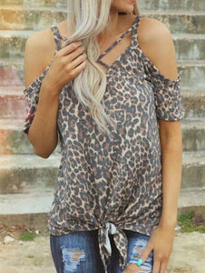 Women T-Shirt Female Leopard Printed Cold Shoulder Tees Women Tops For Summer V-Neck Tops Tee