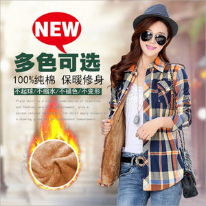 Women Winter Keep Warm Cotton Plaid Blouse Fashion Long Sleeve Turn-down Collar Pocket Velvet Shirt Tops Blusas Feminina