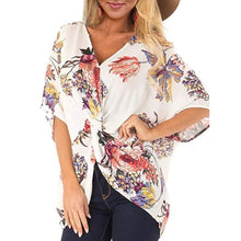 Load image into Gallery viewer, Fashion Concise Bohemia Style Women&#39;s Floral Printed V Neck Ruched Twist Tops Short Sleeve Loose Casual Vacation Shirts