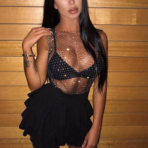 Sexy Diamonds Mesh Cropped Tank Top Women Summer Cover Up Bikini See Through Rhinestone Net Party Club Crop To