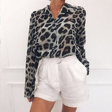 Load image into Gallery viewer, Women Casual Leopard Printed Chiffon Blouse Long Sleeve Turn Down Collar Office Lady Shirt 2019 Summer New Fashion Women Tops