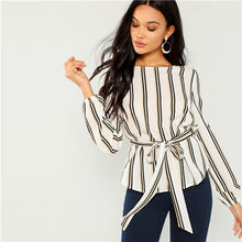 Load image into Gallery viewer, White Office Lady Elegant Striped Print Scoop Neck Long Sleeve Blouse Workwear Women Tops And Blouses