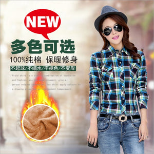 Women Winter Keep Warm Cotton Plaid Blouse Fashion Long Sleeve Turn-down Collar Pocket Velvet Shirt Tops Blusas Feminina