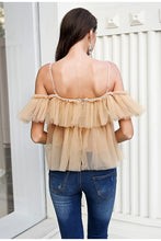 Load image into Gallery viewer, V neck strap boho mesh blouse shirt women Ruffle short sleeve elegant peplum tops Summer lace up ladies sexy blusas