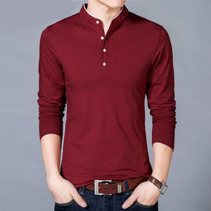 T-Shirt Men Spring Autumn New Cotton T Shirt Men Solid Color Chinese Style Mandarin Collar Long Sleeve Top Tee