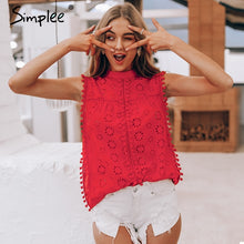 Load image into Gallery viewer, Elegant tank top women blouse Cotton embroidery red shirts feminina sexy top Stand neck tassel pompon ladies tops female