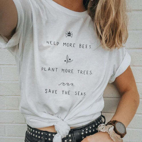 Help More Bees 90s Aesthetic Graphic T Shirts Harajuku Plus Size Women Plant More Trees White Top O neck 100% Cotton Tees Tshirt