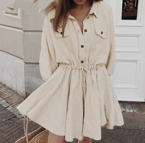 Elegant linen short shirt dress women Long sleeve cotton dress buttons female vestidos Vintage summer dresses