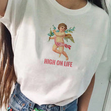 Load image into Gallery viewer, HIGH ON LIFE Angel Tshirt Ulzzang Tumblr Angel Printed White T Shirt Aesthetic Tumblr Graphic Tops Summer Short Sleeve Clothes