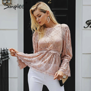 lace embroidery peplum blouse shirt women Elegant ruffles flare sleeve white blouse female Casual hollow out summer tops