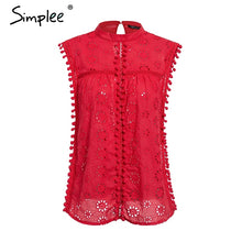 Load image into Gallery viewer, Elegant tank top women blouse Cotton embroidery red shirts feminina sexy top Stand neck tassel pompon ladies tops female