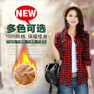 Women Winter Keep Warm Cotton Plaid Blouse Fashion Long Sleeve Turn-down Collar Pocket Velvet Shirt Tops Blusas Feminina