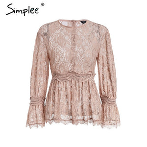 lace embroidery peplum blouse shirt women Elegant ruffles flare sleeve white blouse female Casual hollow out summer tops