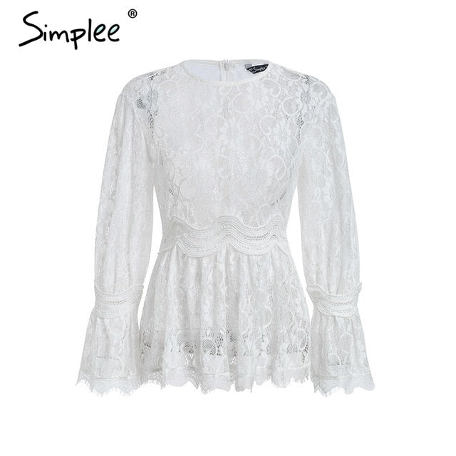 lace embroidery peplum blouse shirt women Elegant ruffles flare sleeve white blouse female Casual hollow out summer tops