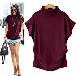 Women Turtleneck Short Sleeve Cotton Solid Casual Blouse Top T Shirt Plus Size