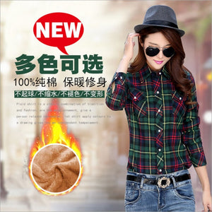 Women Winter Keep Warm Cotton Plaid Blouse Fashion Long Sleeve Turn-down Collar Pocket Velvet Shirt Tops Blusas Feminina