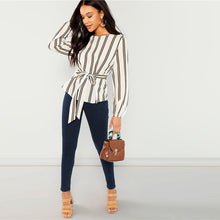 Load image into Gallery viewer, White Office Lady Elegant Striped Print Scoop Neck Long Sleeve Blouse Workwear Women Tops And Blouses