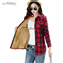 Load image into Gallery viewer, Women Winter Keep Warm Cotton Plaid Blouse Fashion Long Sleeve Turn-down Collar Pocket Velvet Shirt Tops Blusas Feminina