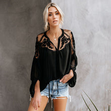 Load image into Gallery viewer, Ladies Boho Mesh Lace Hook Flower Lantern Sleeve Loose Short Chiffon Blouse Shirts Women Fashion Casual Blouses