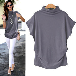 Women Turtleneck Short Sleeve Cotton Solid Casual Blouse Top T Shirt Plus Size