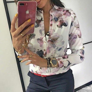 Spring Women Elegant Casual Blouse Floral Print Button Design Long Sleeve Shirt Basic Top