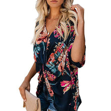 Load image into Gallery viewer, Fashion Concise Bohemia Style Women&#39;s Floral Printed V Neck Ruched Twist Tops Short Sleeve Loose Casual Vacation Shirts