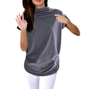 Women Turtleneck Short Sleeve Cotton Solid Casual Blouse Top T Shirt Plus Size