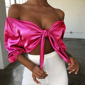 Bow Tie Off Shoulder Sexy Crop Top Women Half Sleeve Lace Up Bandage Cropped Shirt Spring Slim Short Party Tank Top Tees