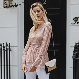 lace embroidery peplum blouse shirt women Elegant ruffles flare sleeve white blouse female Casual hollow out summer tops