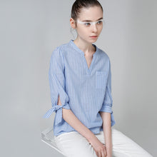 Load image into Gallery viewer, Toyouth New Vertical Striped  Women Tops And Blouses Summer Half Sleeve V Neck Shirts Female Slim Thin Blue Blouse Casual Camisa