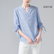 Load image into Gallery viewer, Toyouth New Vertical Striped  Women Tops And Blouses Summer Half Sleeve V Neck Shirts Female Slim Thin Blue Blouse Casual Camisa