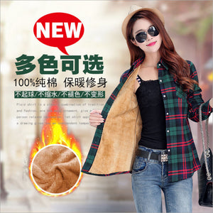 Women Winter Keep Warm Cotton Plaid Blouse Fashion Long Sleeve Turn-down Collar Pocket Velvet Shirt Tops Blusas Feminina