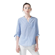 Load image into Gallery viewer, Toyouth New Vertical Striped  Women Tops And Blouses Summer Half Sleeve V Neck Shirts Female Slim Thin Blue Blouse Casual Camisa