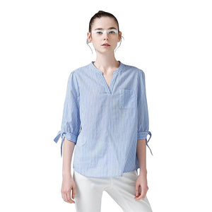 Toyouth New Vertical Striped  Women Tops And Blouses Summer Half Sleeve V Neck Shirts Female Slim Thin Blue Blouse Casual Camisa