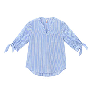 Toyouth New Vertical Striped  Women Tops And Blouses Summer Half Sleeve V Neck Shirts Female Slim Thin Blue Blouse Casual Camisa