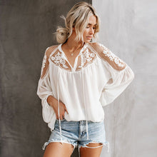 Load image into Gallery viewer, Ladies Boho Mesh Lace Hook Flower Lantern Sleeve Loose Short Chiffon Blouse Shirts Women Fashion Casual Blouses